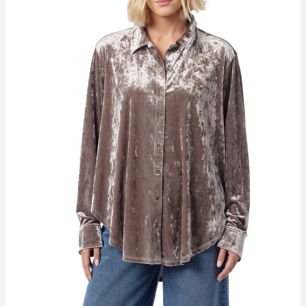Jessica Simpson Velvet Button-Down Shirt - Soft Brown NWT size M